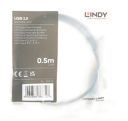 LINDY 0.5m USB 2.0 Type A to B Cable, Anthra Line, Black