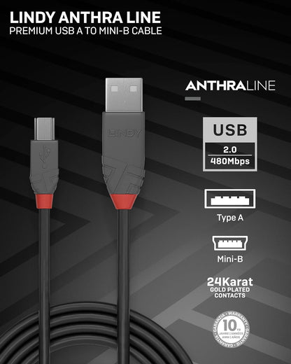 Lindy 0.5m USB 2.0 Type A to Mini-B Cable, Anthra Line, Pro Range, Gold Plated Contacts, Double Shielded, Durable, Flexible Pro Cable, Cameras, Hard Drives, GPS, Game Controllers, Music Equipment etc.