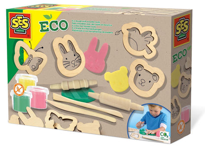 SES Creative 24917 – Eco Knete Set mit Holzwerkzeugen, Umweltfreundlich, Fördert Motorik und Kreativität, diverse Farben