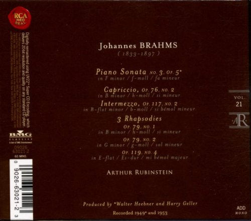 Rubinstein Collection, Vol 21: Brahms: Sonata No. 3 in F Minor, Capriccio, Intermezzo, Rhapsodies
