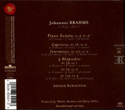 Rubinstein Collection, Vol 21: Brahms: Sonata No. 3 in F Minor, Capriccio, Intermezzo, Rhapsodies