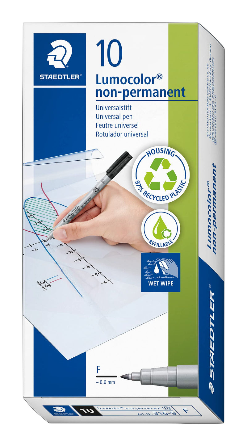 STAEDTLER 316-9 Lumocolor Non-Permanent Pen, Fine Line Width, 0.6mm - Black (Box of 10
