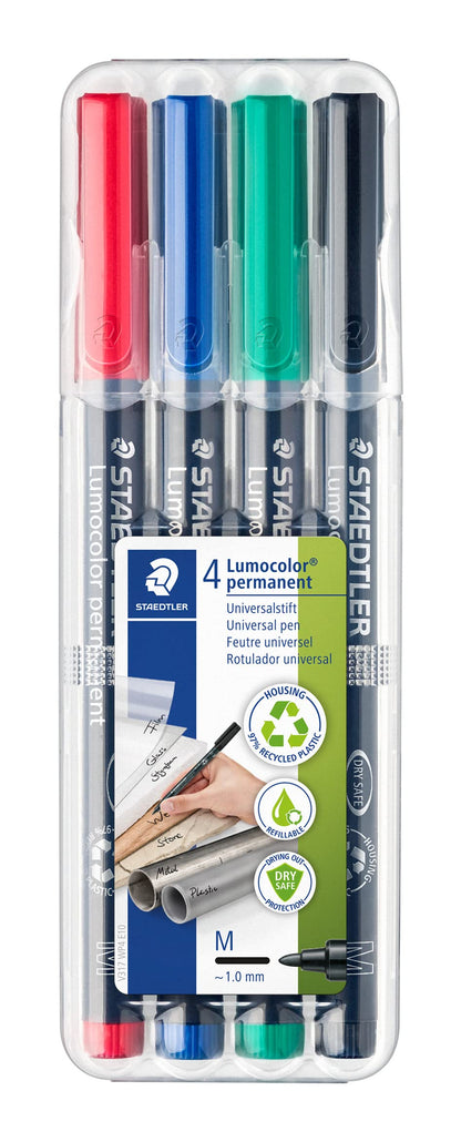 STAEDTLER 317 WP4 Lumocolor Permanent Pen, Medium Line Width, 1.0mm - Assorted Colours (Pack of 4