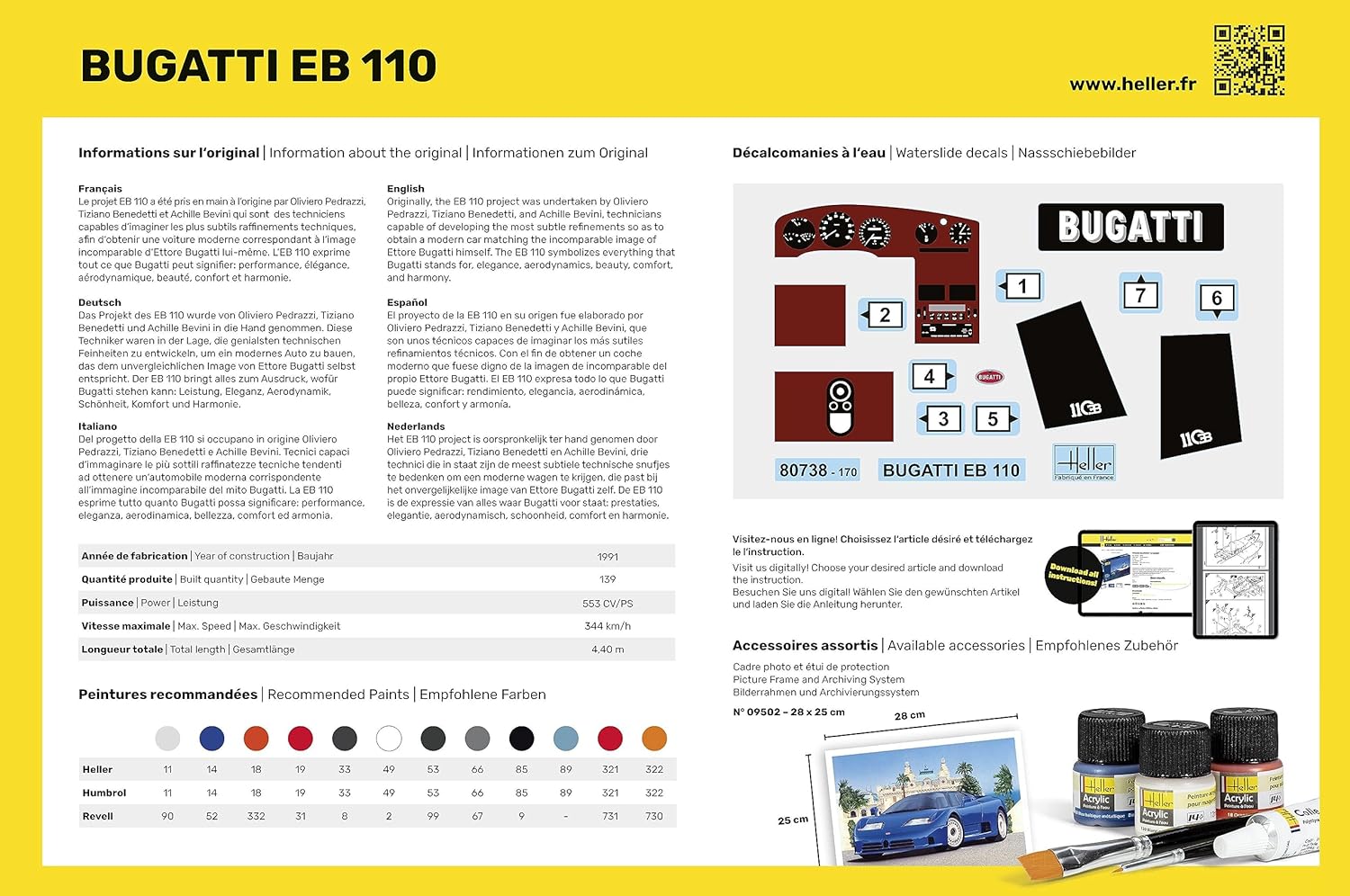 Heller HEL80738 1:24-Bugatti EB 110, Unpainted