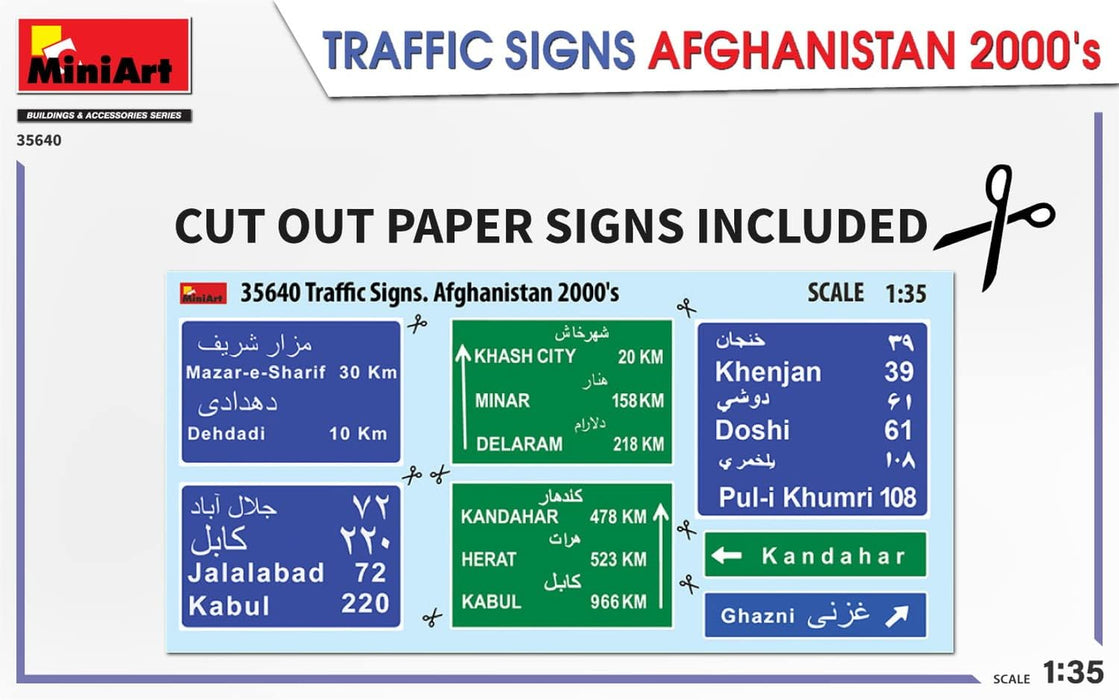 MiniArt 35640-1/35 Road Signs. Afghanistan 2000s Scale Plastic Model kit, Average height of the figures - 2 inch (50 mm