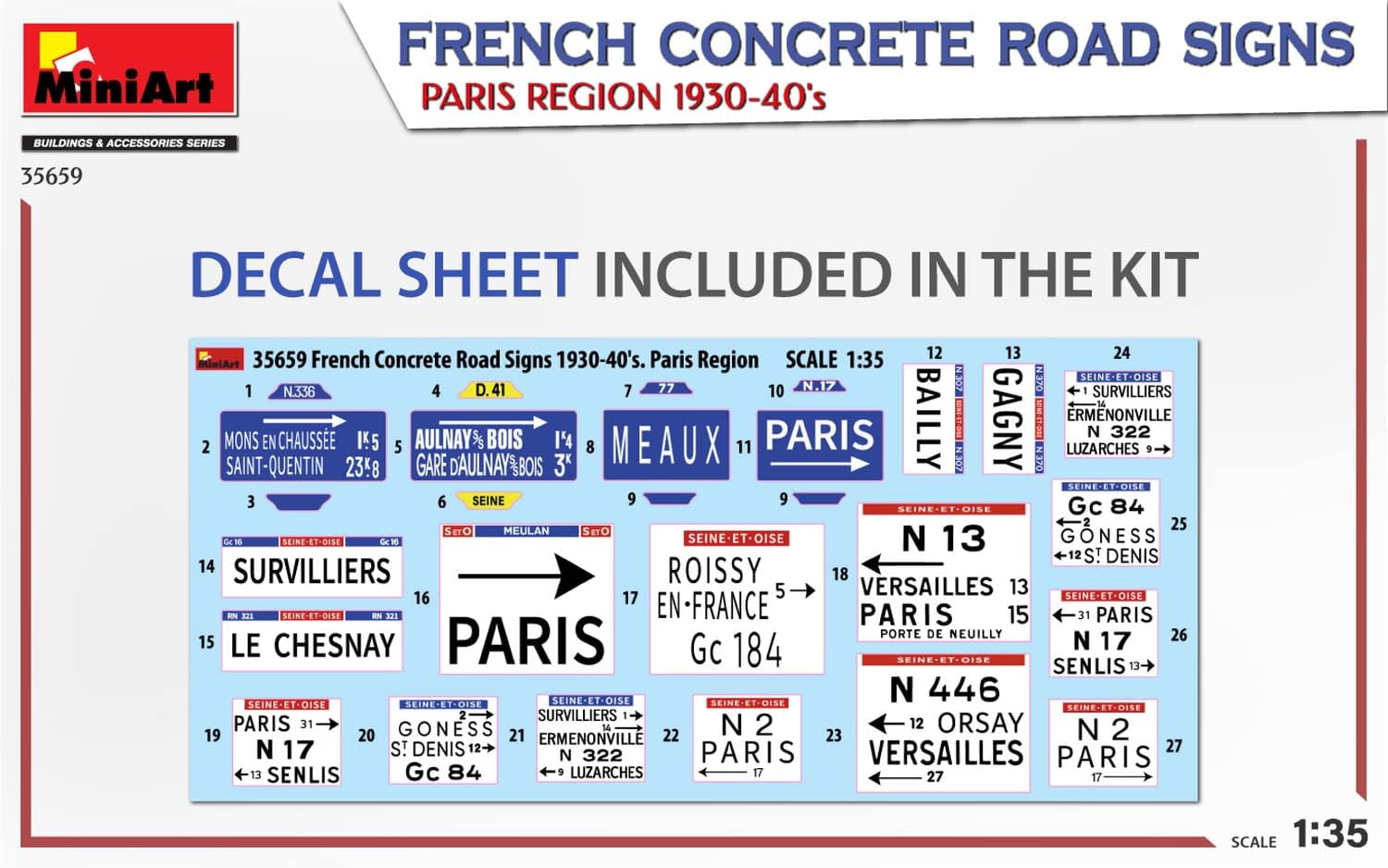 MiniArt MIN35659 1:35-Concrete Signs France 1930-40's Paris Scale Model kit, Molded Color