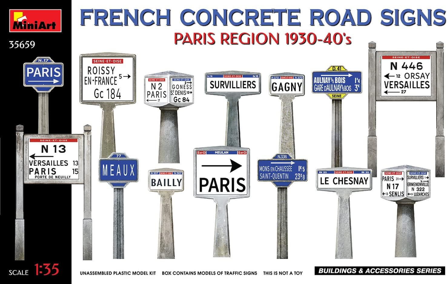 MiniArt MIN35659 1:35-Concrete Signs France 1930-40's Paris Scale Model kit, Molded Color