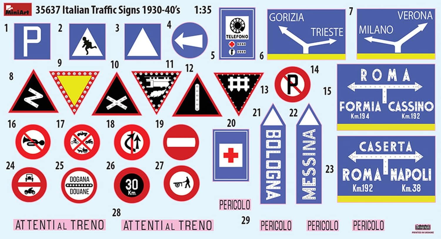 MiniArt MIN35637 1:35-Italian Traffic Signs 1930-40's Scale Model kit, Molded Color