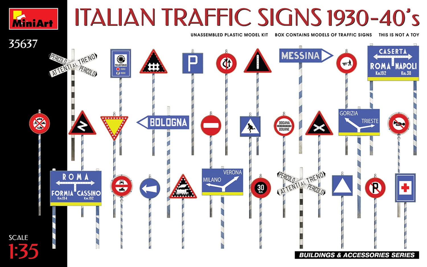 MiniArt MIN35637 1:35-Italian Traffic Signs 1930-40's Scale Model kit, Molded Color