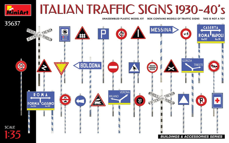 MiniArt MIN35637 1:35-Italian Traffic Signs 1930-40's Scale Model kit, Molded Color