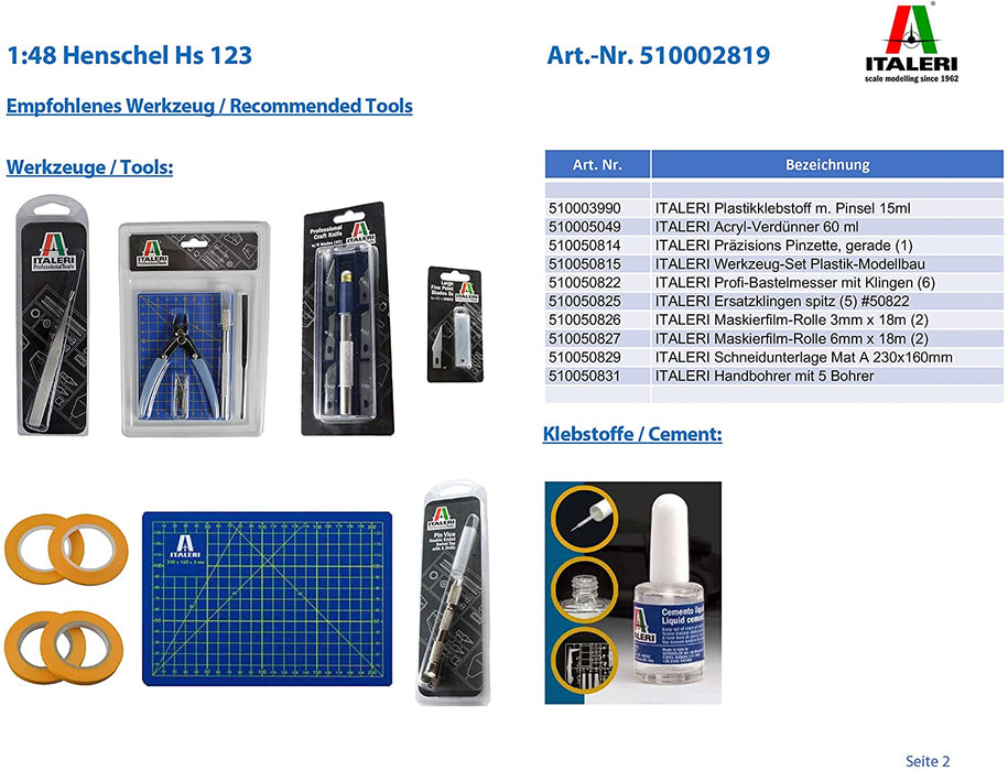 Italeri 2819S - 1:48 Henschel HS 123, maqueta, Juego de construcción, maqueta Libre, Bricolaje, Hobby, encolado, Kit de plástico, precisión de Detalles