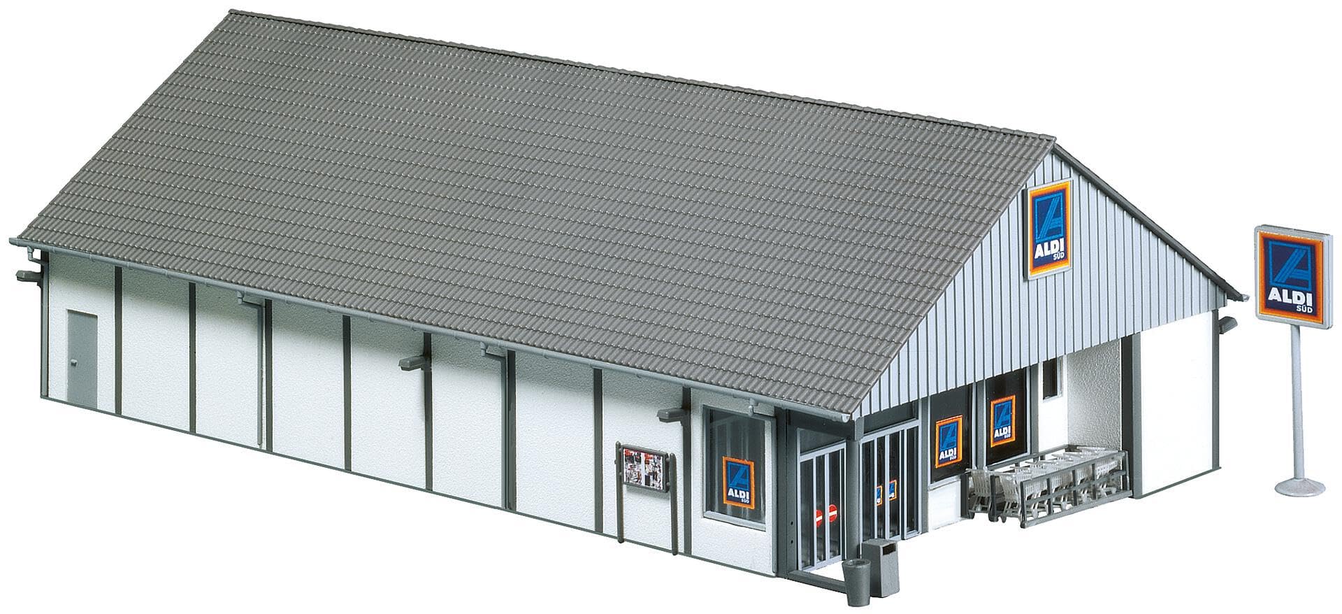FALLER ALDI-Markt Süd/Nord Modellbausatz mit 140 Einzelteilen 266 x 184 x 86 mm I Modelleisenbahn Zubehör H0 I Modelleisenbahn H0 Berghütte