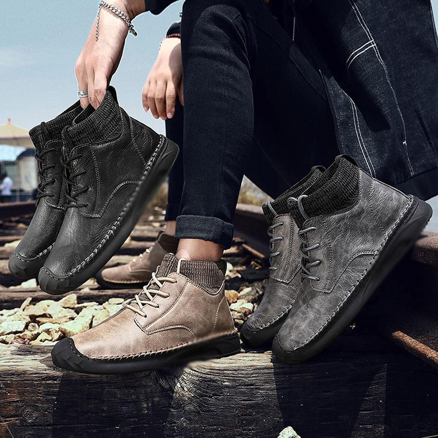 JHMKYI xz Uomini Scarpe Moda Uomo Stivali Peluche Caldo Uomini Stivali Invernali Impermeabile Pelle Stivali Da Neve Uomo Outdoor Stivali Moto Uomo Scarpe Da Ginnastica