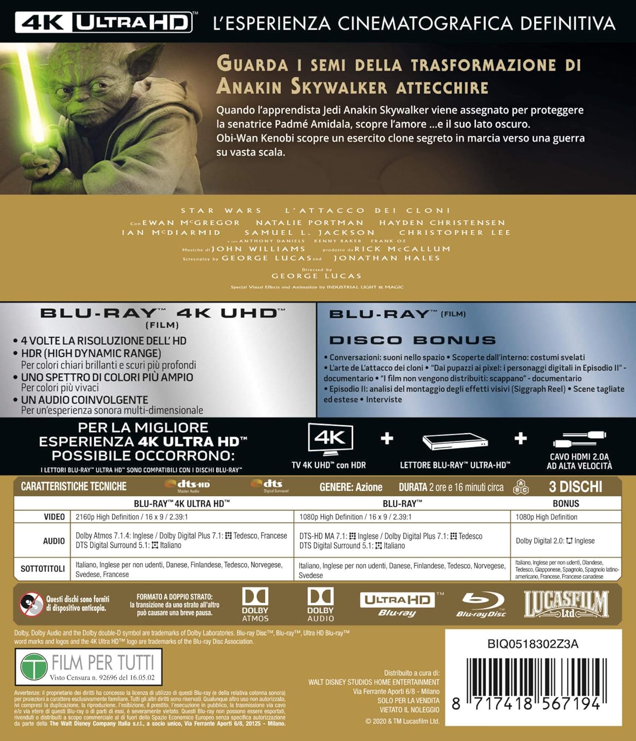 Star Wars 2 L'Attacco Dei Cloni Ultra-HD 4K (3 Blu-Ray