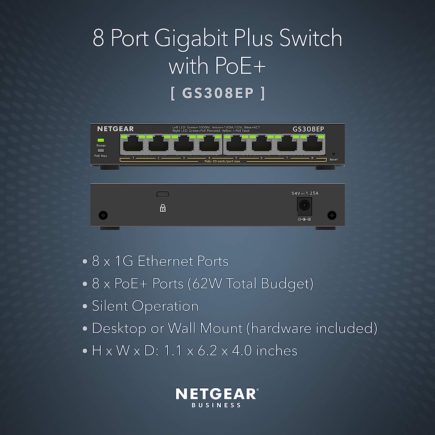 NETGEAR PoE Switch 8 Port Gigabit Ethernet Plus Network Switch (GS308EP) - with 8 x PoE+ @ 62W, Desktop or Wall Mount