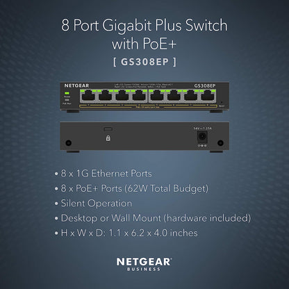 NETGEAR PoE Switch 8 Port Gigabit Ethernet Plus Network Switch (GS308EP) - with 8 x PoE+ @ 62W, Desktop or Wall Mount
