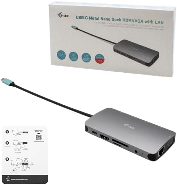 i-tec USB-C 4K Metal Nano Docking Station 1x HDMI 1x VGA 1x GLAN 1x USB-C 3x USB 3.1 1x SD/MicroSD 1x Audio Power Delivery 100W for Windows MacOS Android ChromeOS