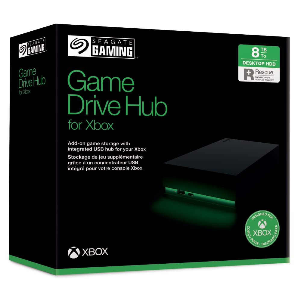 Seagate Game Drive Hub, 8TB, External Hard Drive Desktop, USB 3.2 Gen 1, Dual USB-C and USB-A ports, Xbox Certified, with RGB LED lighting, 3 year Rescue Services (STKW8000400