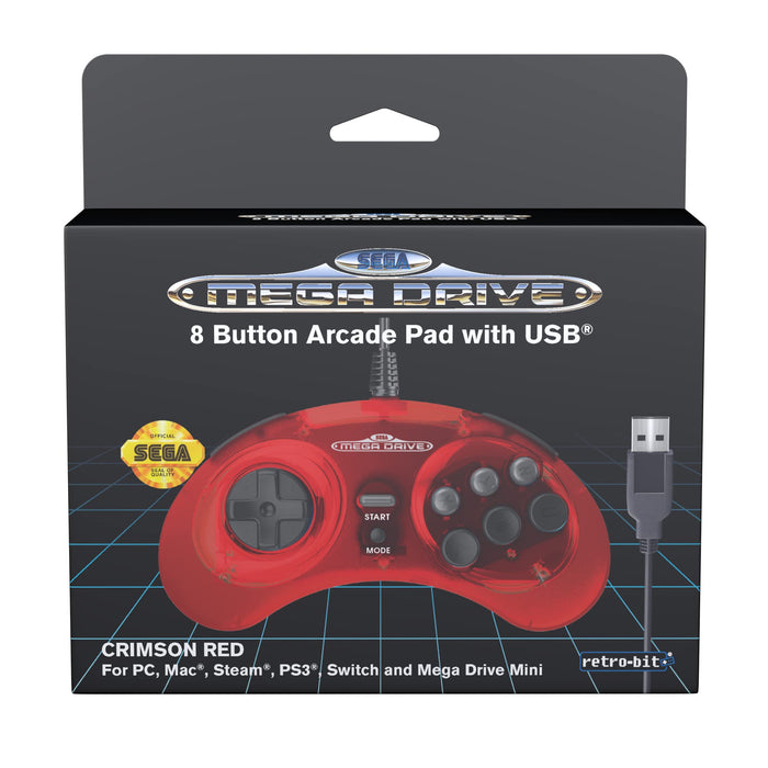 Retro-Bit Official Sega Mega Drive USB Controller 8-Button Arcade Pad for Sega Genesis Mini, Switch, PC, Mac, Steam, RetroPie, Raspberry Pi - USB Port (Crimson Red) (Nintendo Switch