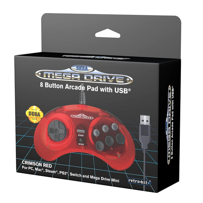 Retro-Bit Official Sega Mega Drive USB Controller 8-Button Arcade Pad for Sega Genesis Mini, Switch, PC, Mac, Steam, RetroPie, Raspberry Pi - USB Port (Crimson Red) (Nintendo Switch