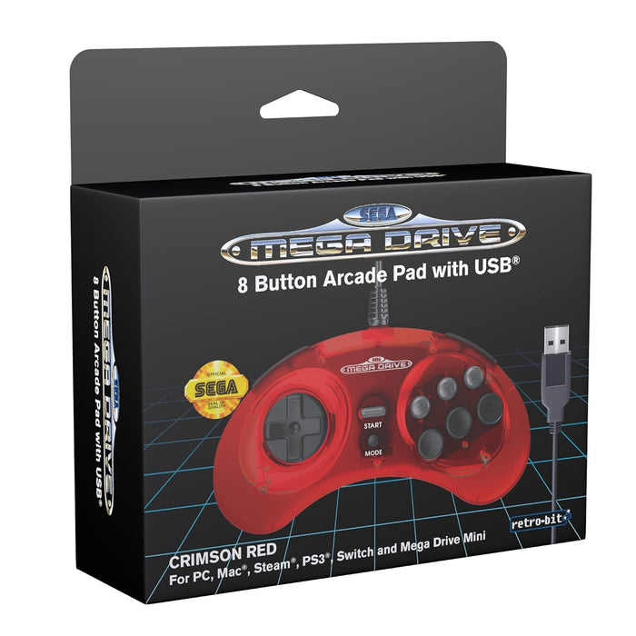 Retro-Bit Official Sega Mega Drive USB Controller 8-Button Arcade Pad for Sega Genesis Mini, Switch, PC, Mac, Steam, RetroPie, Raspberry Pi - USB Port (Crimson Red) (Nintendo Switch