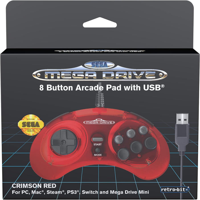 Retro-Bit Official Sega Mega Drive USB Controller 8-Button Arcade Pad for Sega Genesis Mini, Switch, PC, Mac, Steam, RetroPie, Raspberry Pi - USB Port (Crimson Red) (Nintendo Switch
