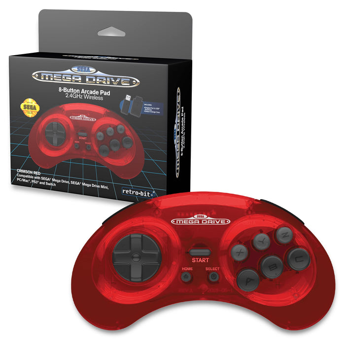 Retro-Bit Sega Mega Drive 2.4 GHz Wireless Controller 8-Button Arcade Pad for Sega Genesis Original/Mini, Switch, PC, Mac - Includes 2 Receivers & Storage Case (Crimson Red) (Nintendo Switch