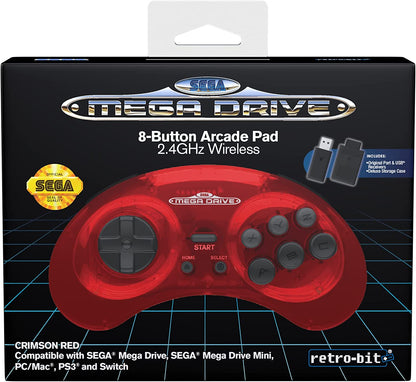 Retro-Bit Sega Mega Drive 2.4 GHz Wireless Controller 8-Button Arcade Pad for Sega Genesis Original/Mini, Switch, PC, Mac - Includes 2 Receivers & Storage Case (Crimson Red) (Nintendo Switch)