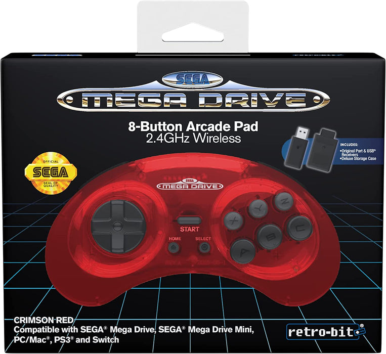 Retro-Bit Sega Mega Drive 2.4 GHz Wireless Controller 8-Button Arcade Pad for Sega Genesis Original/Mini, Switch, PC, Mac - Includes 2 Receivers & Storage Case (Crimson Red) (Nintendo Switch