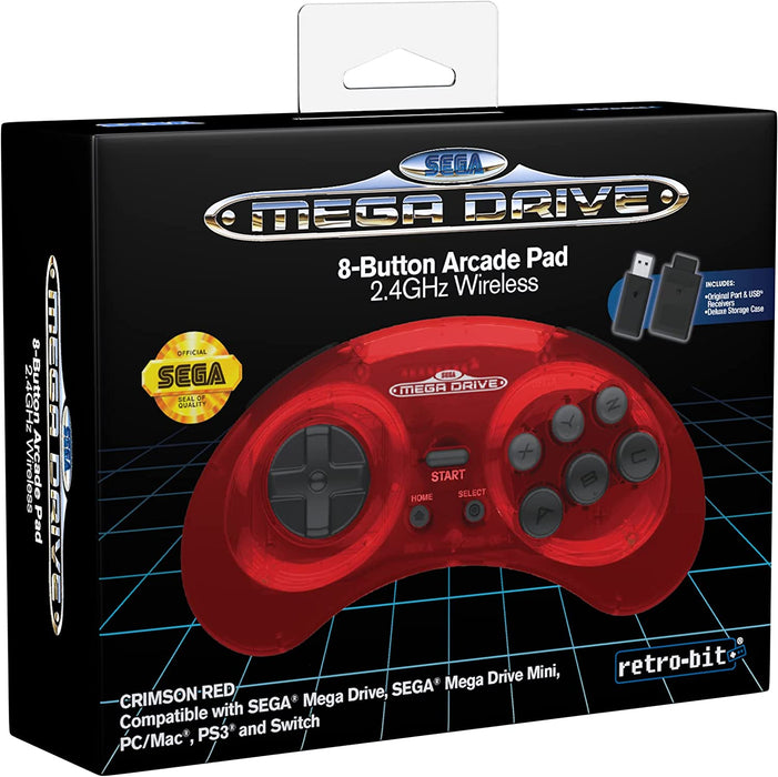 Retro-Bit Sega Mega Drive 2.4 GHz Wireless Controller 8-Button Arcade Pad for Sega Genesis Original/Mini, Switch, PC, Mac - Includes 2 Receivers & Storage Case (Crimson Red) (Nintendo Switch