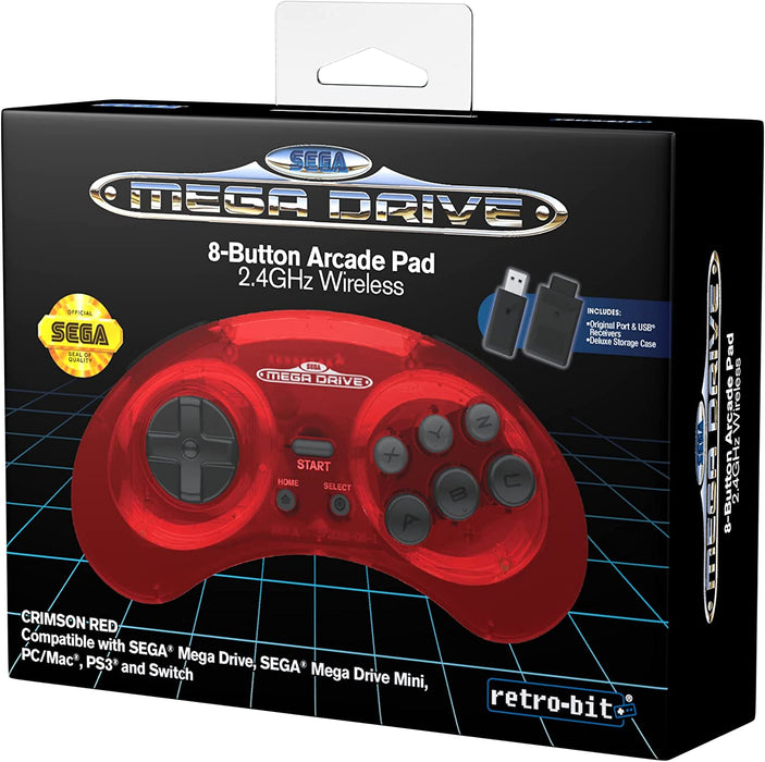 Retro-Bit Sega Mega Drive 2.4 GHz Wireless Controller 8-Button Arcade Pad for Sega Genesis Original/Mini, Switch, PC, Mac - Includes 2 Receivers & Storage Case (Crimson Red) (Nintendo Switch