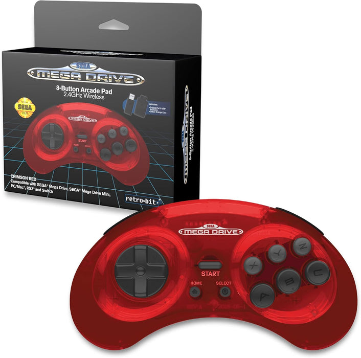 Retro-Bit Sega Mega Drive 2.4 GHz Wireless Controller 8-Button Arcade Pad for Sega Genesis Original/Mini, Switch, PC, Mac - Includes 2 Receivers & Storage Case (Crimson Red) (Nintendo Switch