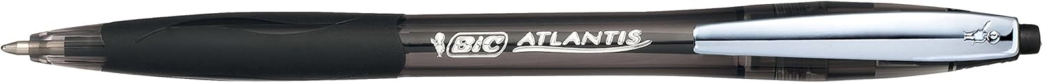 BIC Atlantis Classic Retractable Ball Pens - Box of 12- Black Colour- Medium Point (1.0 mm) - Soft Rubber Grip