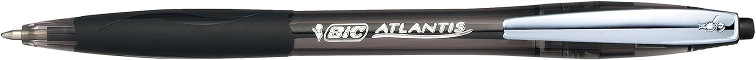 BIC Atlantis Classic Retractable Ball Pens - Box of 12- Black Colour- Medium Point (1.0 mm) - Soft Rubber Grip