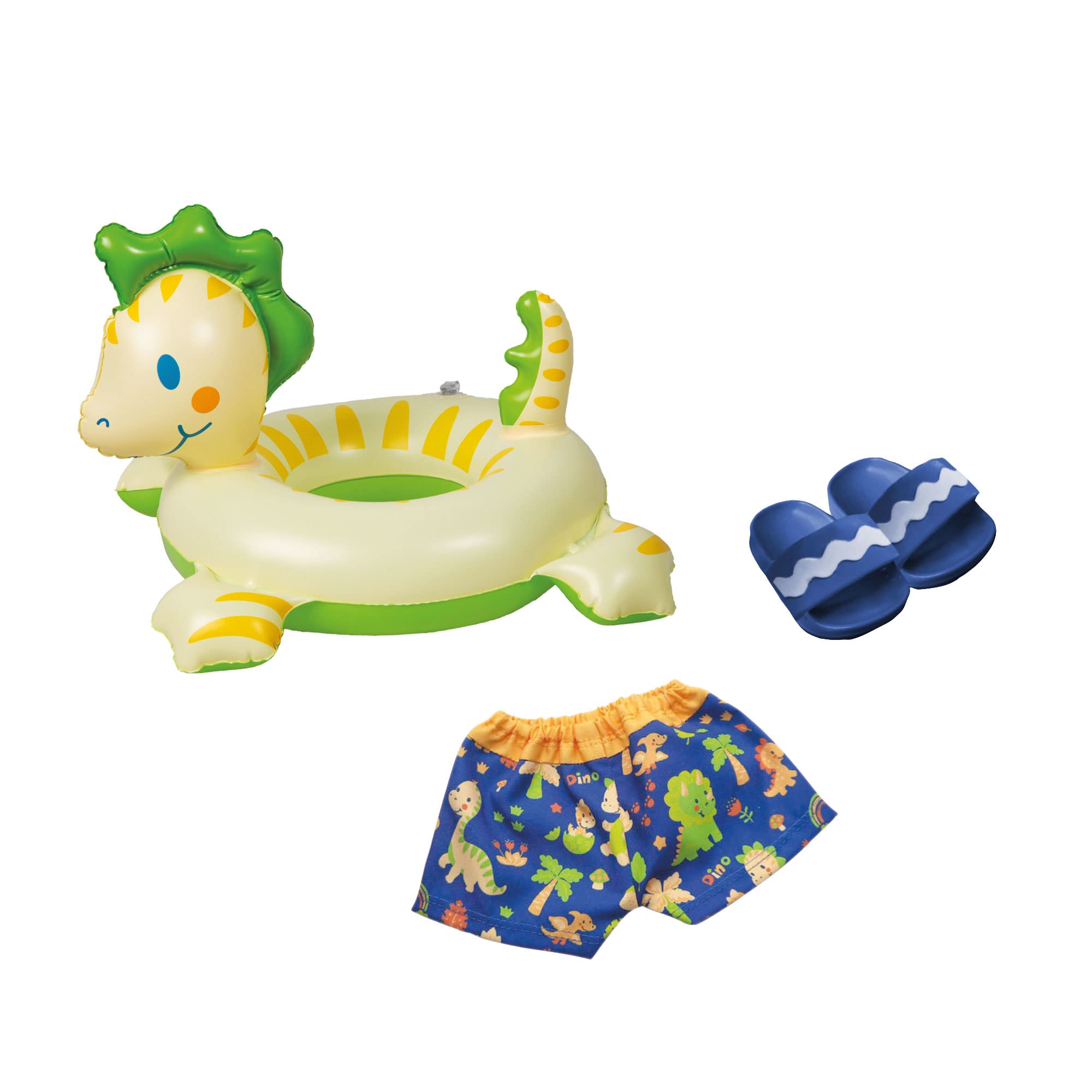 Heless 22-Juego muñecas de diseño de Dinosaurio, 3 Piezas con bañador, Pantuflas y Anillo de natación, tamaño Aprox. 35-45 cm, para la diversión del baño en los calurosos días de Verano, Multicolor