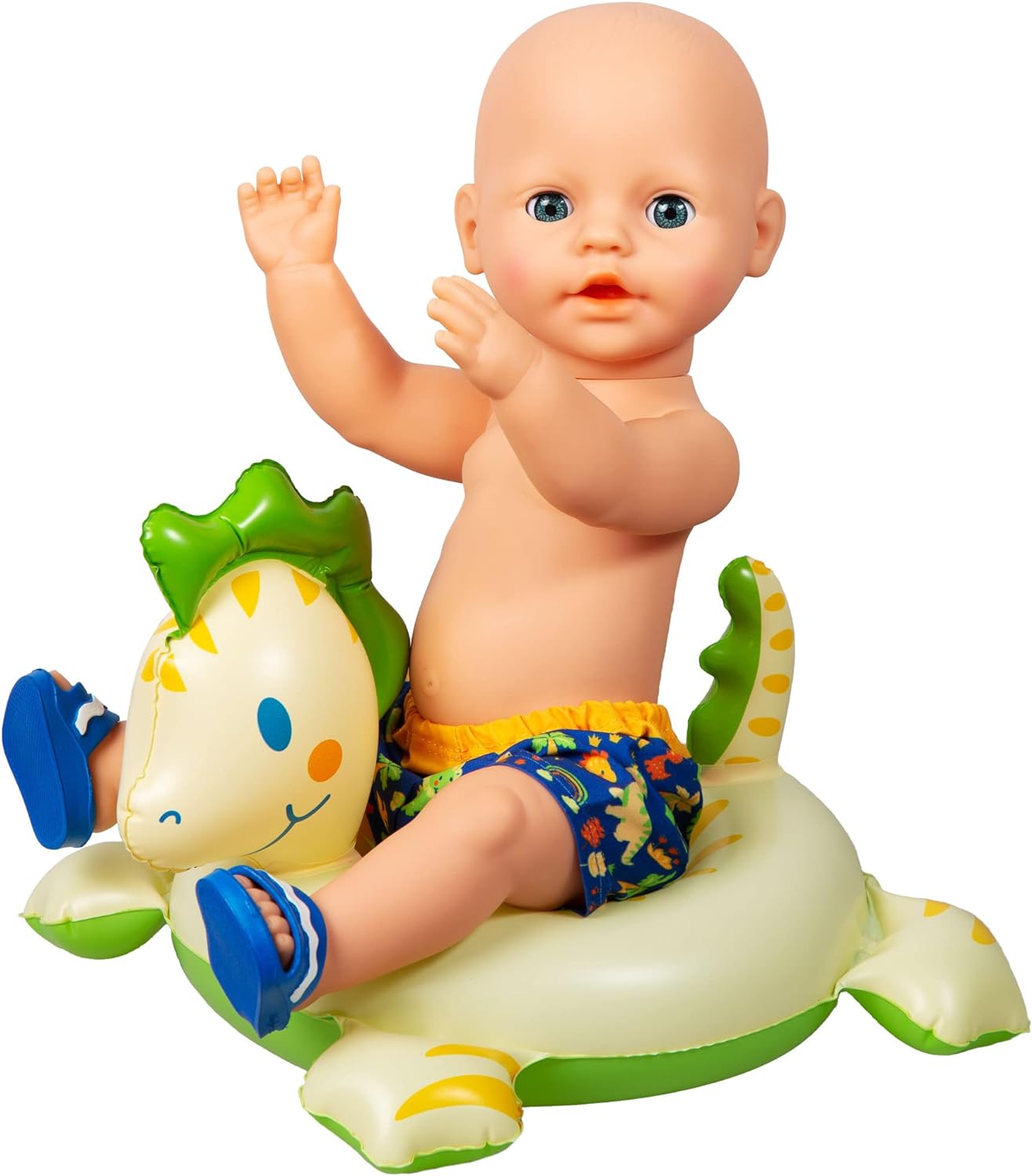 Heless 22-Juego muñecas de diseño de Dinosaurio, 3 Piezas con bañador, Pantuflas y Anillo de natación, tamaño Aprox. 35-45 cm, para la diversión del baño en los calurosos días de Verano, Multicolor