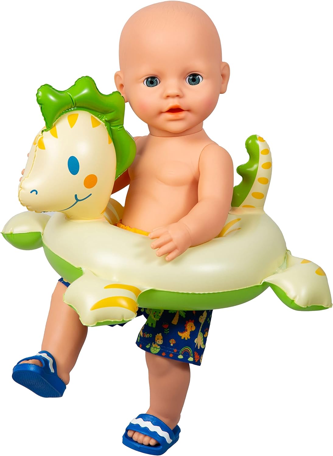 Heless 22-Juego muñecas de diseño de Dinosaurio, 3 Piezas con bañador, Pantuflas y Anillo de natación, tamaño Aprox. 35-45 cm, para la diversión del baño en los calurosos días de Verano, Multicolor