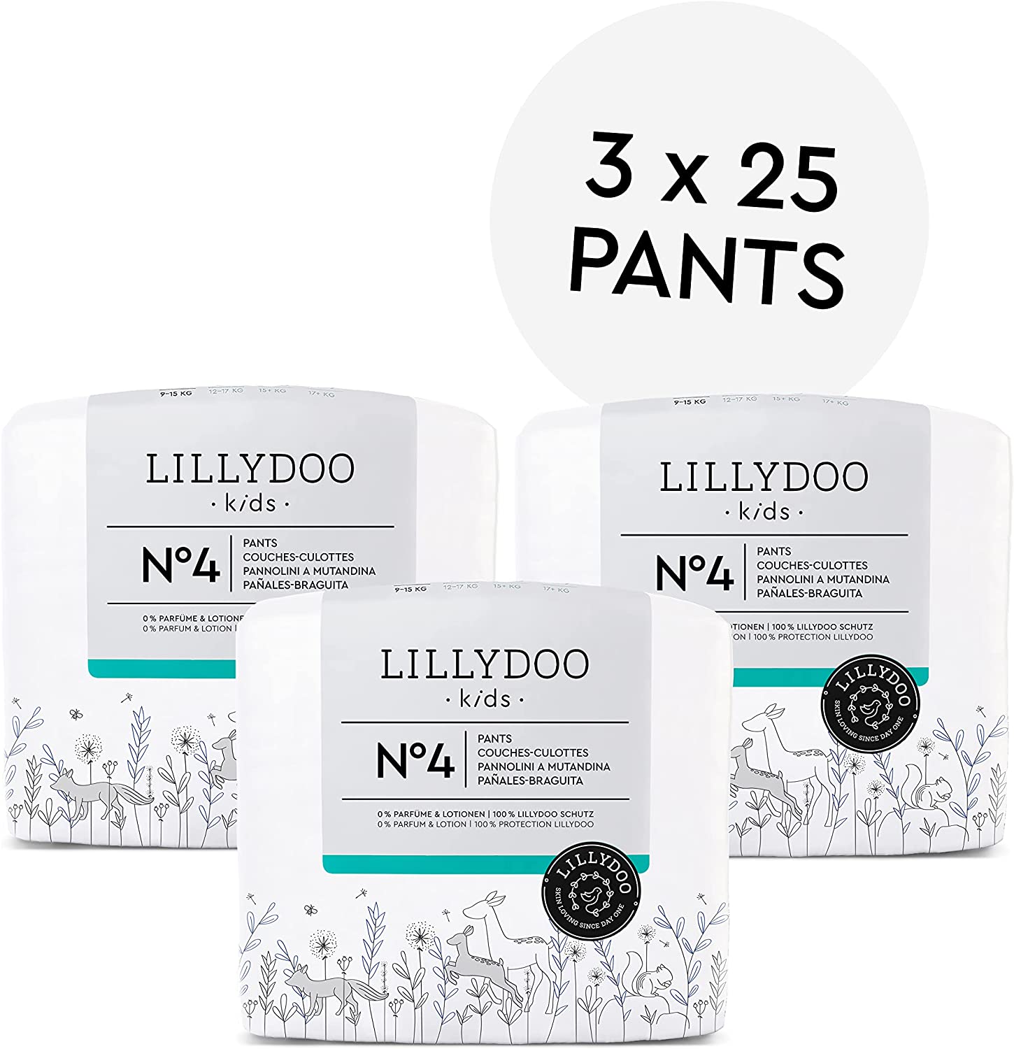 LILLYDOO huidvriendelijke Luierbroekjes, Maat 4 (9-15 kg), 3 x 25 Luierbroekjes, Voordeelverpakking (75 Luierbroekjes) Maat 4 (75 luiers