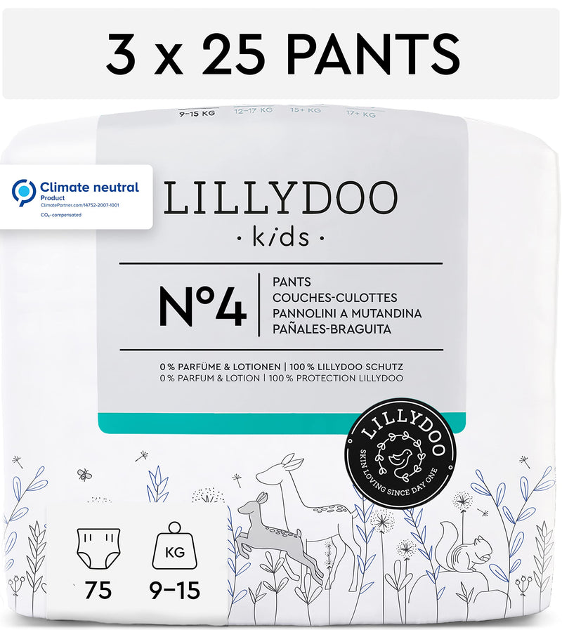 LILLYDOO huidvriendelijke Luierbroekjes, Maat 4 (9-15 kg), 3 x 25 Luierbroekjes, Voordeelverpakking (75 Luierbroekjes) Maat 4 (75 luiers