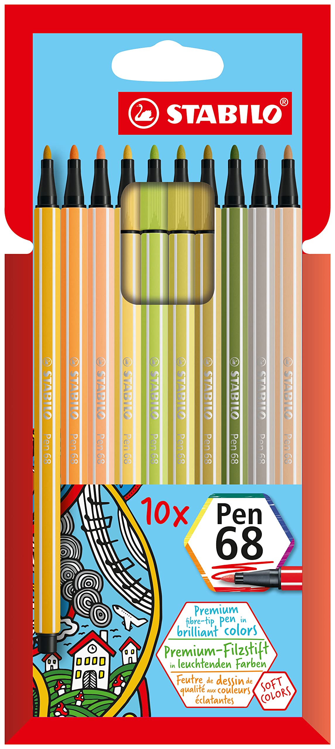 Premium Fibre-Tip Pen - STABILO Pen 68 - Pack of 10 - Assorted Colours