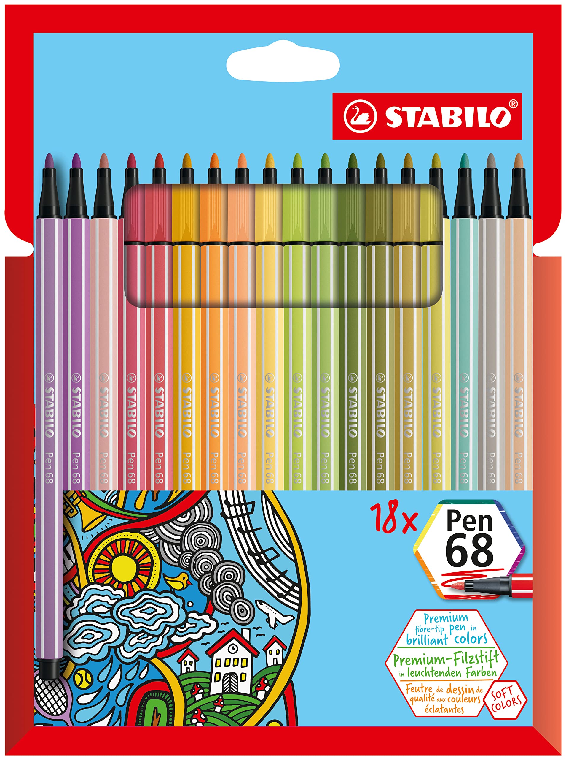 Premium Fibre-Tip Pen - STABILO Pen 68 - Pack of 18 - Assorted Colours