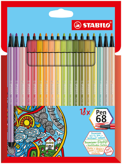Premium Fibre-Tip Pen - STABILO Pen 68 - Pack of 18 - Assorted Colours