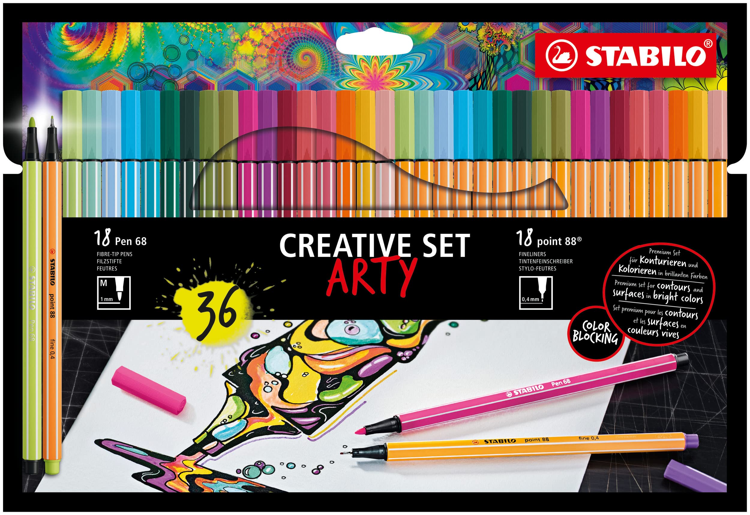 Estuche STABILO ARTY Creative Set con 18 rotuladores premium STABILO Pen 68 y 18 rotuladores punta fina STABILO point 88