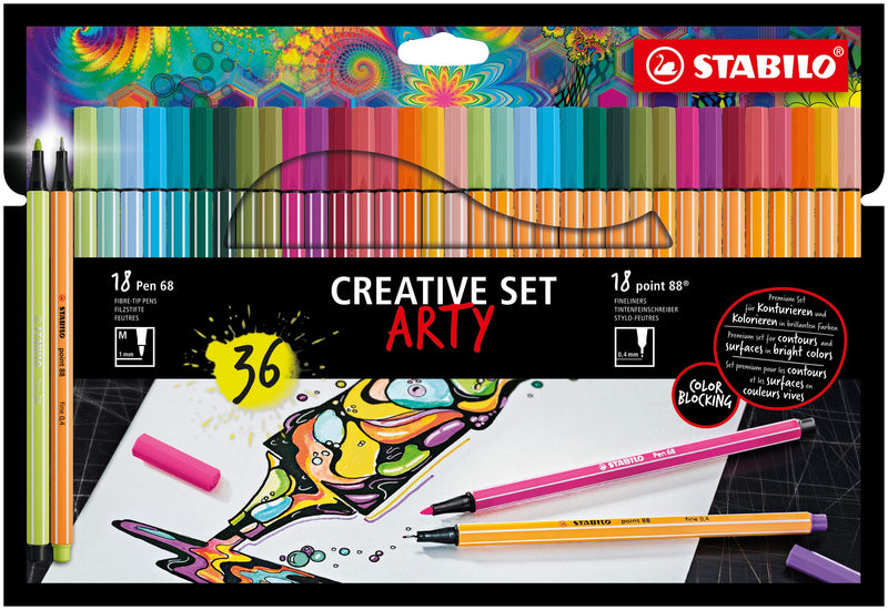 Estuche STABILO ARTY Creative Set con 18 rotuladores premium STABILO Pen 68 y 18 rotuladores punta fina STABILO point 88