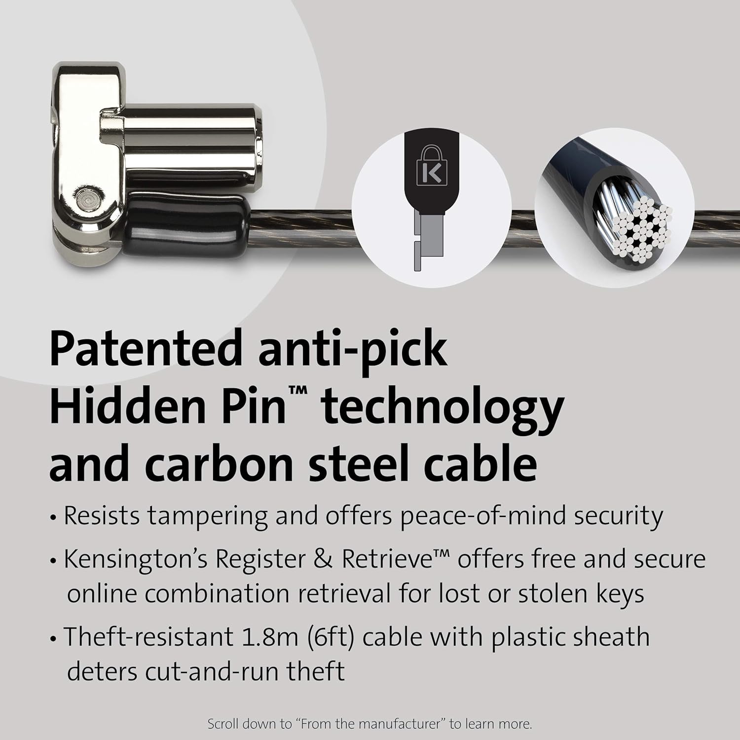 Kensington Universal 3-in-1 Keyed Laptop Lock, Computer Anti Theft Security Tether Device, 5mm Keying System Hidden Pin and 1.8m Carbon Steel Cable - K62318WW