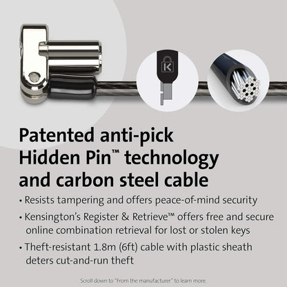 Kensington Universal 3-in-1 Keyed Laptop Lock, Computer Anti Theft Security Tether Device, 5mm Keying System Hidden Pin and 1.8m Carbon Steel Cable - K62318WW