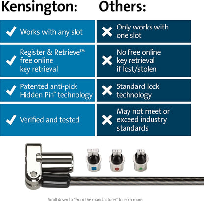 Kensington Universal 3-in-1 Keyed Laptop Lock, Computer Anti Theft Security Tether Device, 5mm Keying System Hidden Pin and 1.8m Carbon Steel Cable - K62318WW