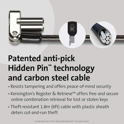 Kensington Universal 3-in-1 Keyed Laptop Lock, Computer Anti Theft Security Tether Device, 5mm Keying System Hidden Pin and 1.8m Carbon Steel Cable - K62318WW