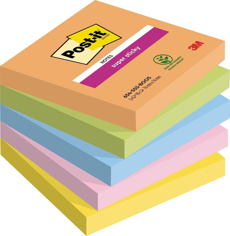 Post-it Super Sticky Notes Boost Color Collection, Pack of 5 Pads, 90 Sheets per Pad, 76 mm x 76 mm, Orange, Green, Pink, Yellow, Blue - Extra Sticky Notes For Note Taking, To Do Lists & Reminders