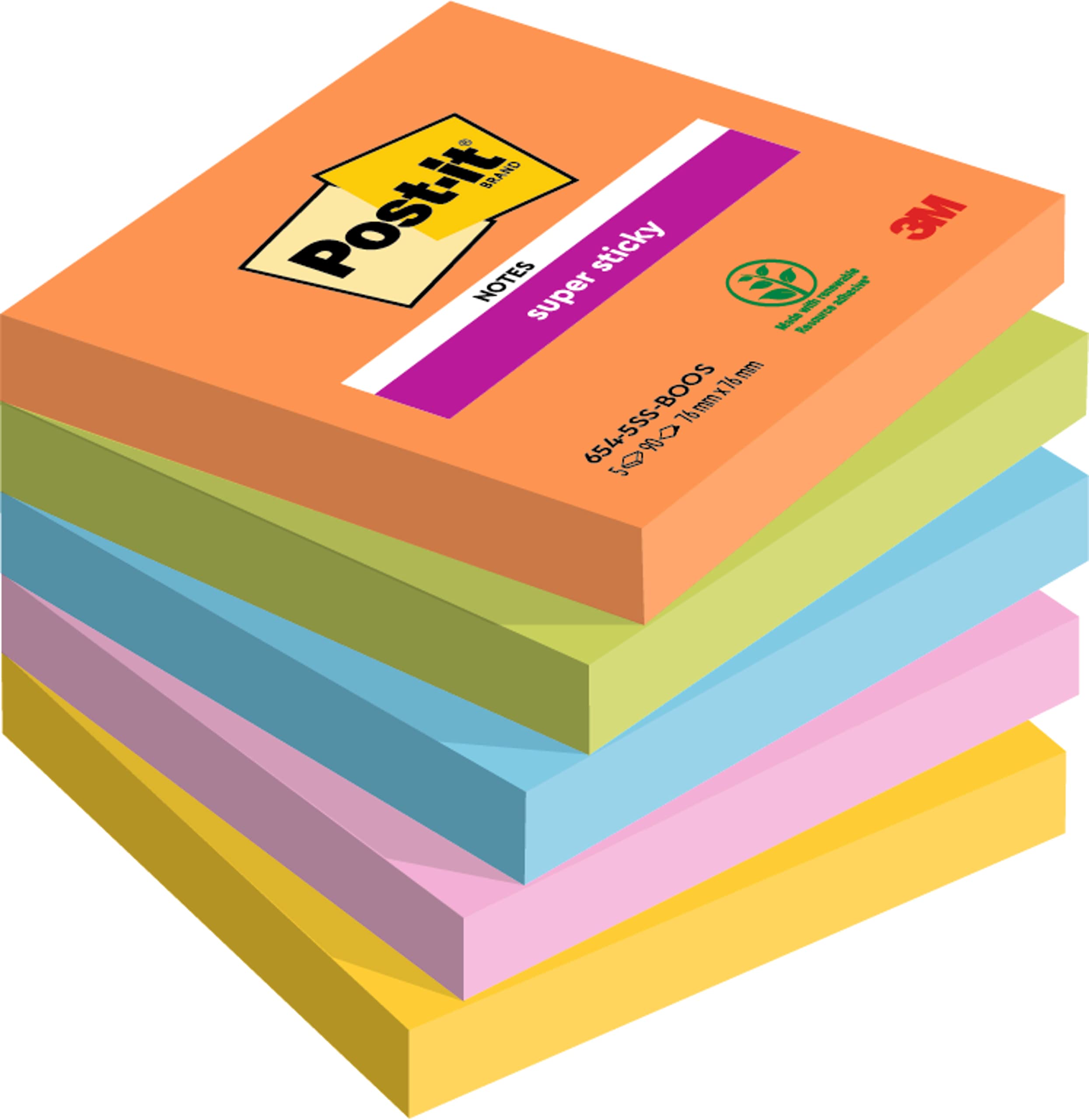 Post-it Super Sticky Notes Boost Color Collection, Pack of 5 Pads, 90 Sheets per Pad, 76 mm x 76 mm, Orange, Green, Pink, Yellow, Blue - Extra Sticky Notes For Note Taking, To Do Lists & Reminders
